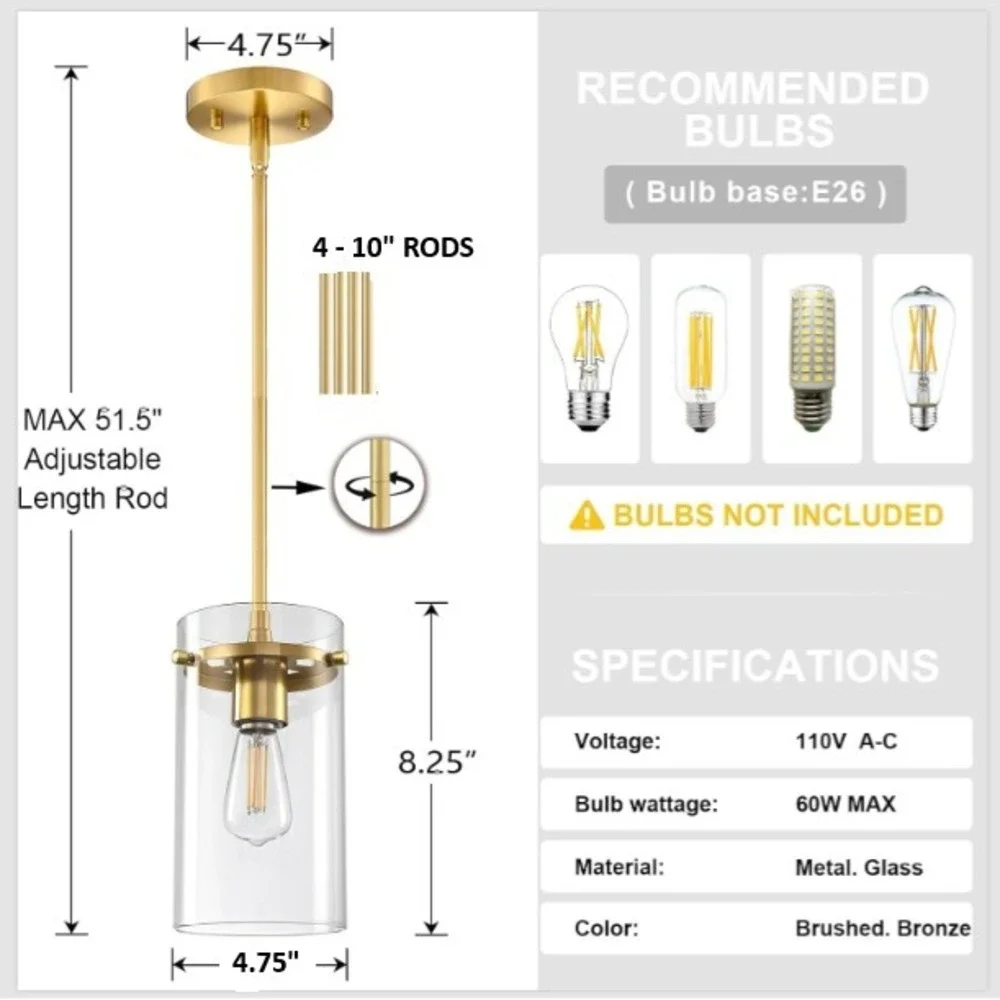 2 Pack Pendant Lighting Brushed Bronze‎ Kitchen Island Hanging Ceiling